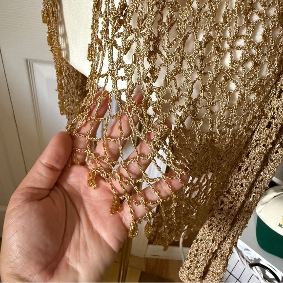 NY Collection Gold Crochet Fringe Beaded Open Cardigan / Size 2x - Picture 6 of 12